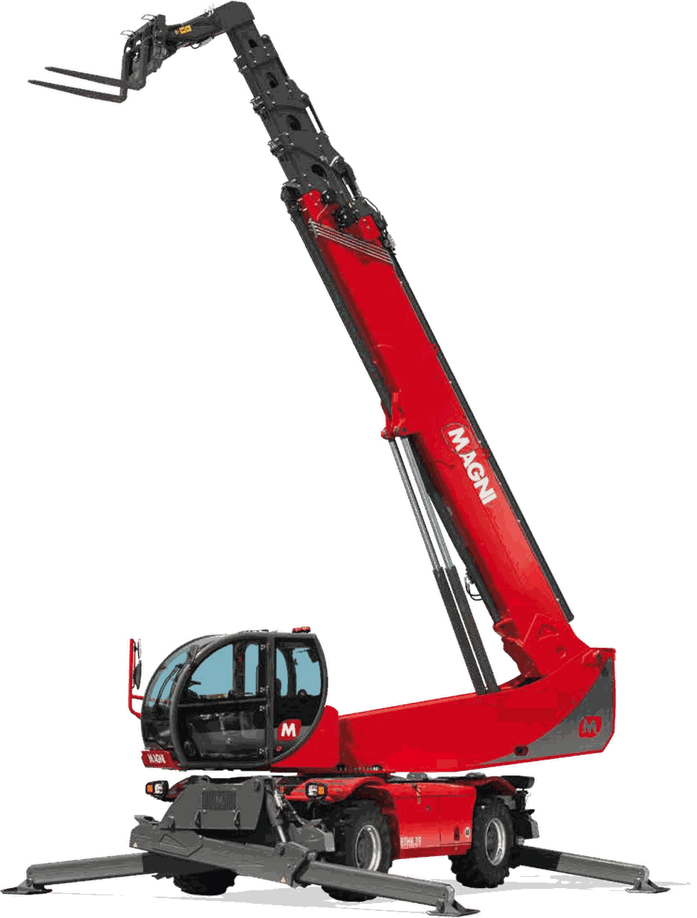 Magni RTH 8.39 rotating telescopic handler, boom raised, stabilisers deployed